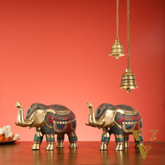 Brass Elephant Statue pair with Stonework Showpieces - 12 Inch wide
