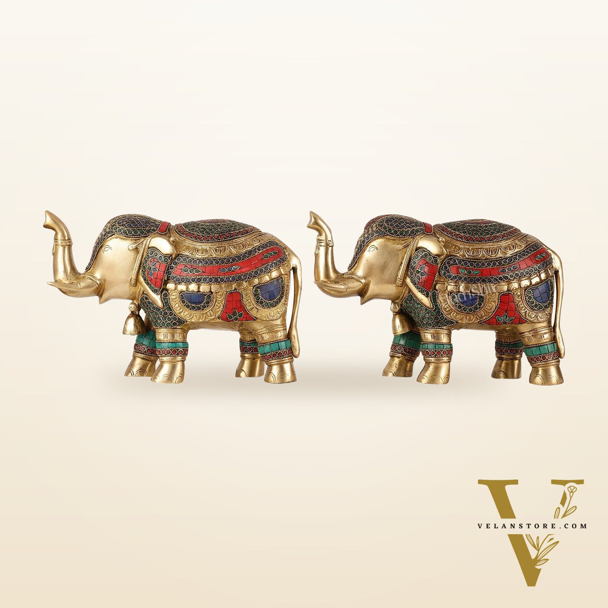 Brass Elephant Statue pair with Stonework Showpieces - 12 Inch wide