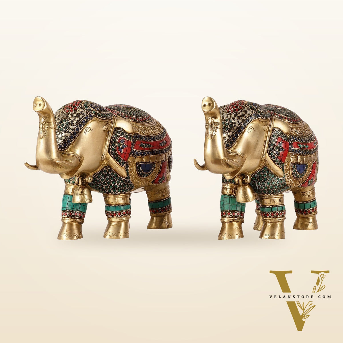 Brass Elephant Statue pair with Stonework Showpieces - 12 Inch wide