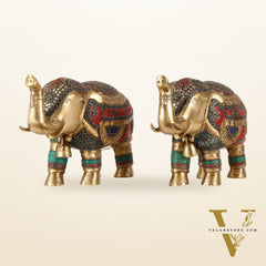 Brass Elephant Statue pair with Stonework Showpieces - 12 Inch wide