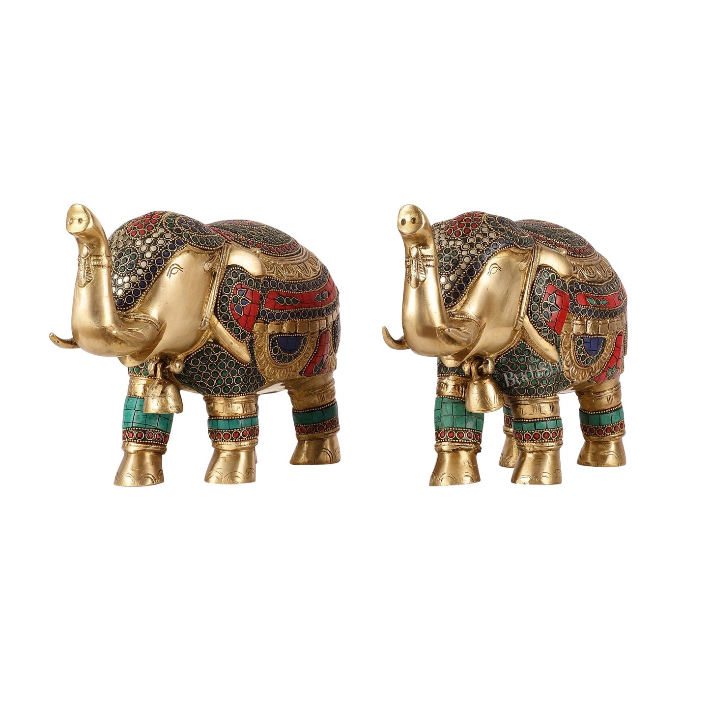 Brass Elephant Statue pair with Stonework Showpieces - 12 Inch wide
