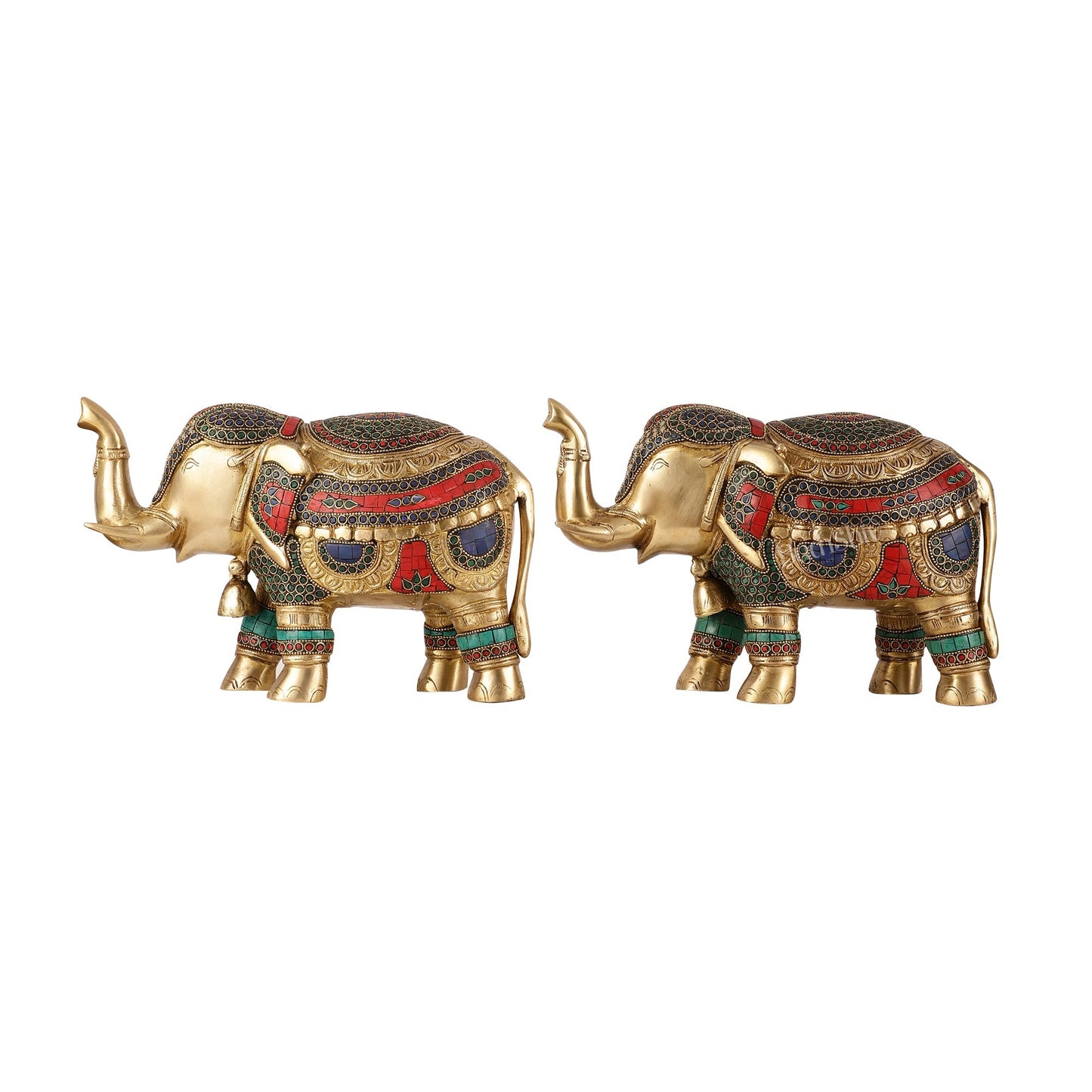 Brass Elephant Statue pair with Stonework Showpieces - 12 Inch wide