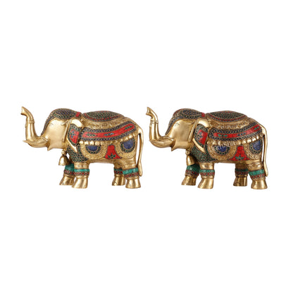 Brass Elephant Statue pair with Stonework Showpieces - 12 Inch wide