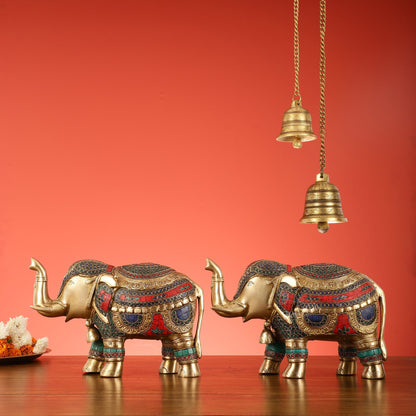 Brass Elephant Statue pair with Stonework Showpieces - 12 Inch wide