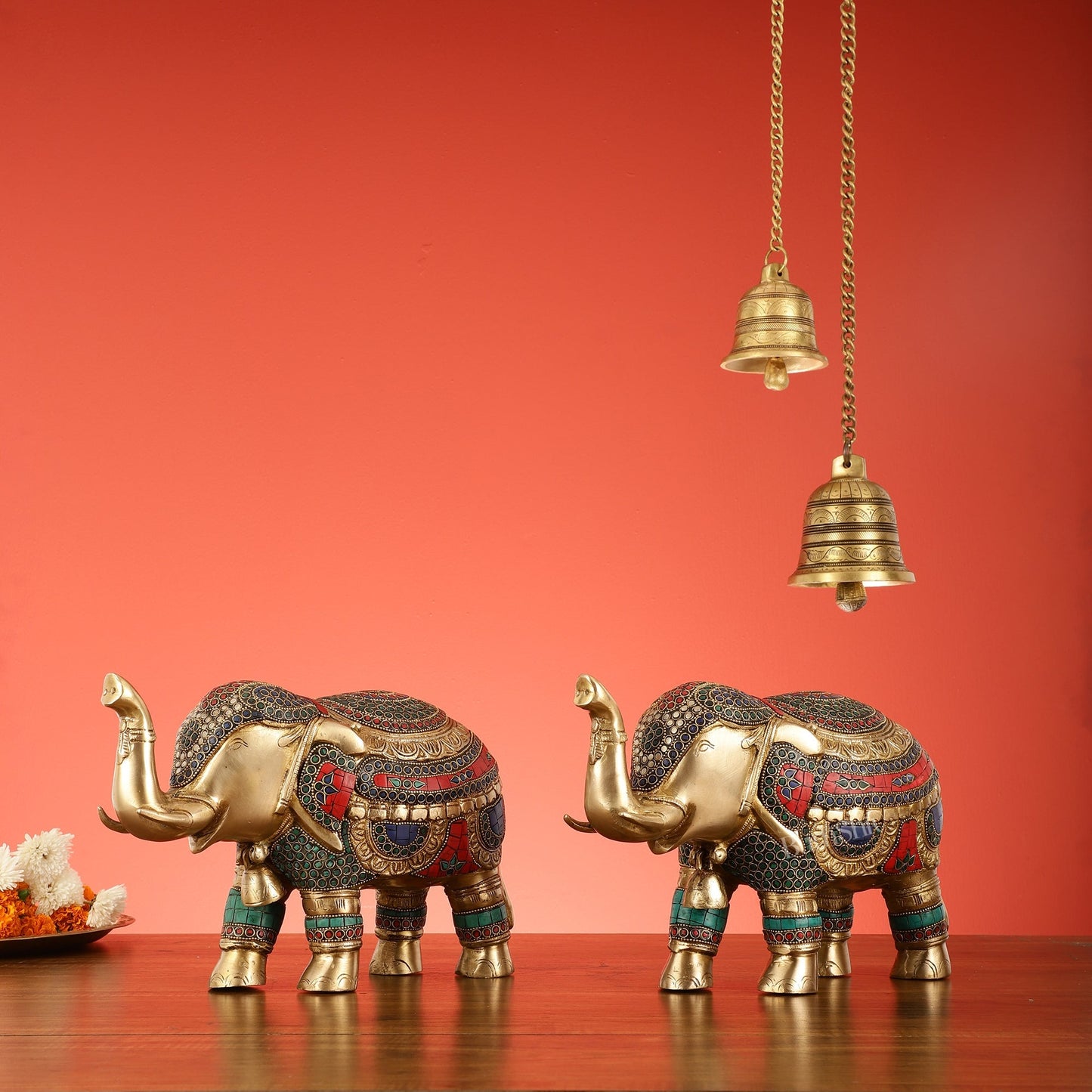 Brass Elephant Statue pair with Stonework Showpieces - 12 Inch wide