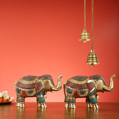 Brass Elephant Statue pair with Stonework Showpieces - 12 Inch wide