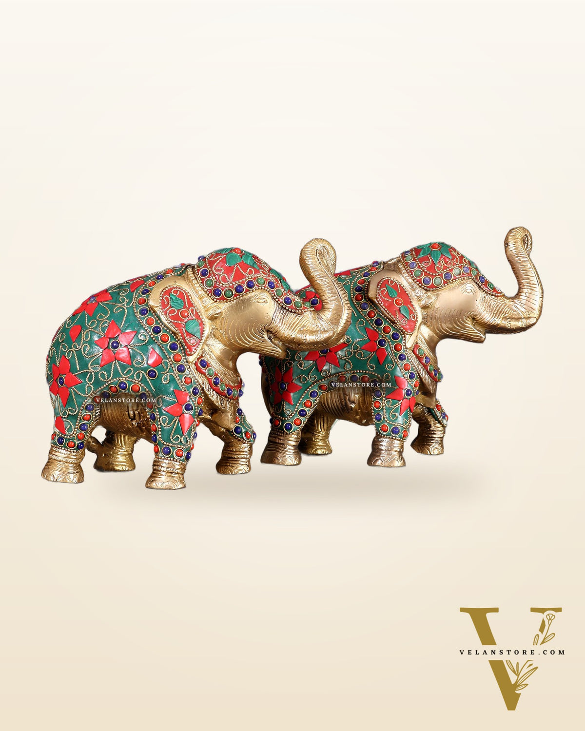 Brass Elephant Statue with Floral Stonework 7" pair
