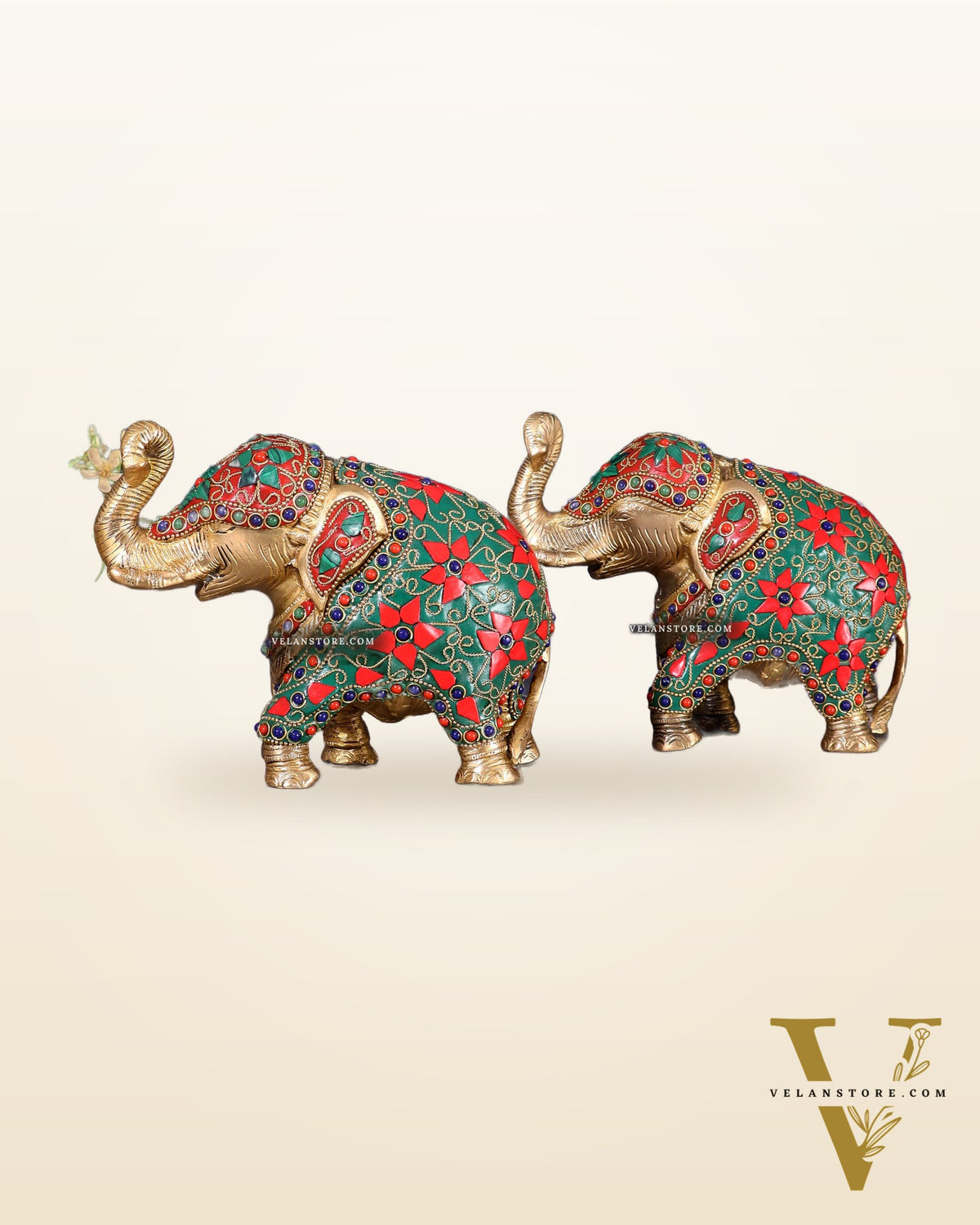 Brass Elephant Statue with Floral Stonework 7" pair