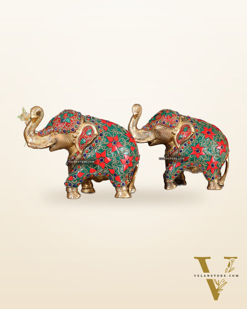 Brass Elephant Statue with Floral Stonework 7" pair