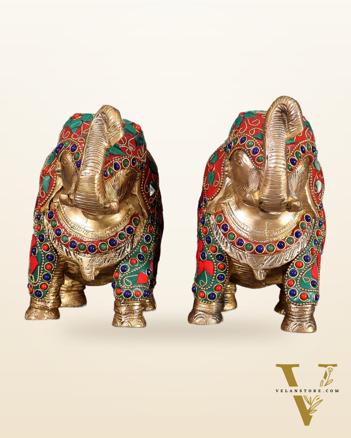 Brass Elephant Statue with Floral Stonework 7" pair