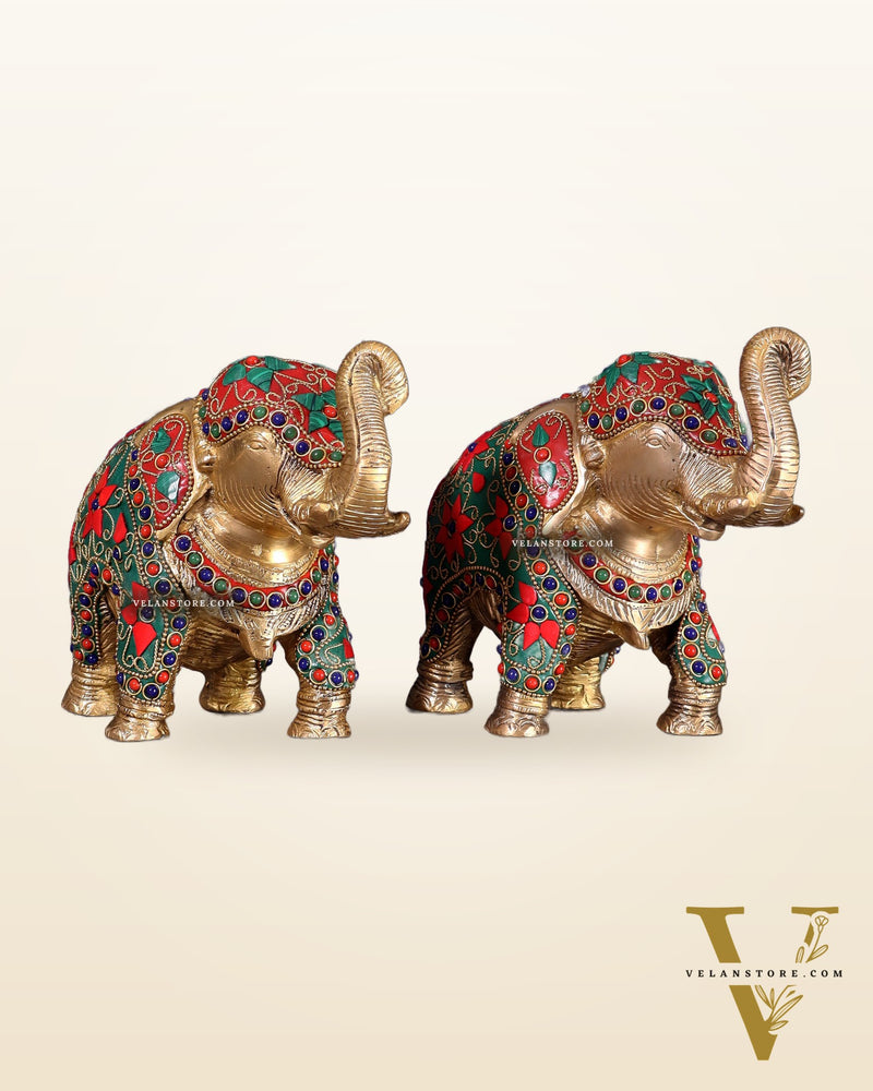 Brass Elephant Statue with Floral Stonework 7" pair