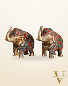 Brass Elephant Statue with Floral Stonework 7" pair