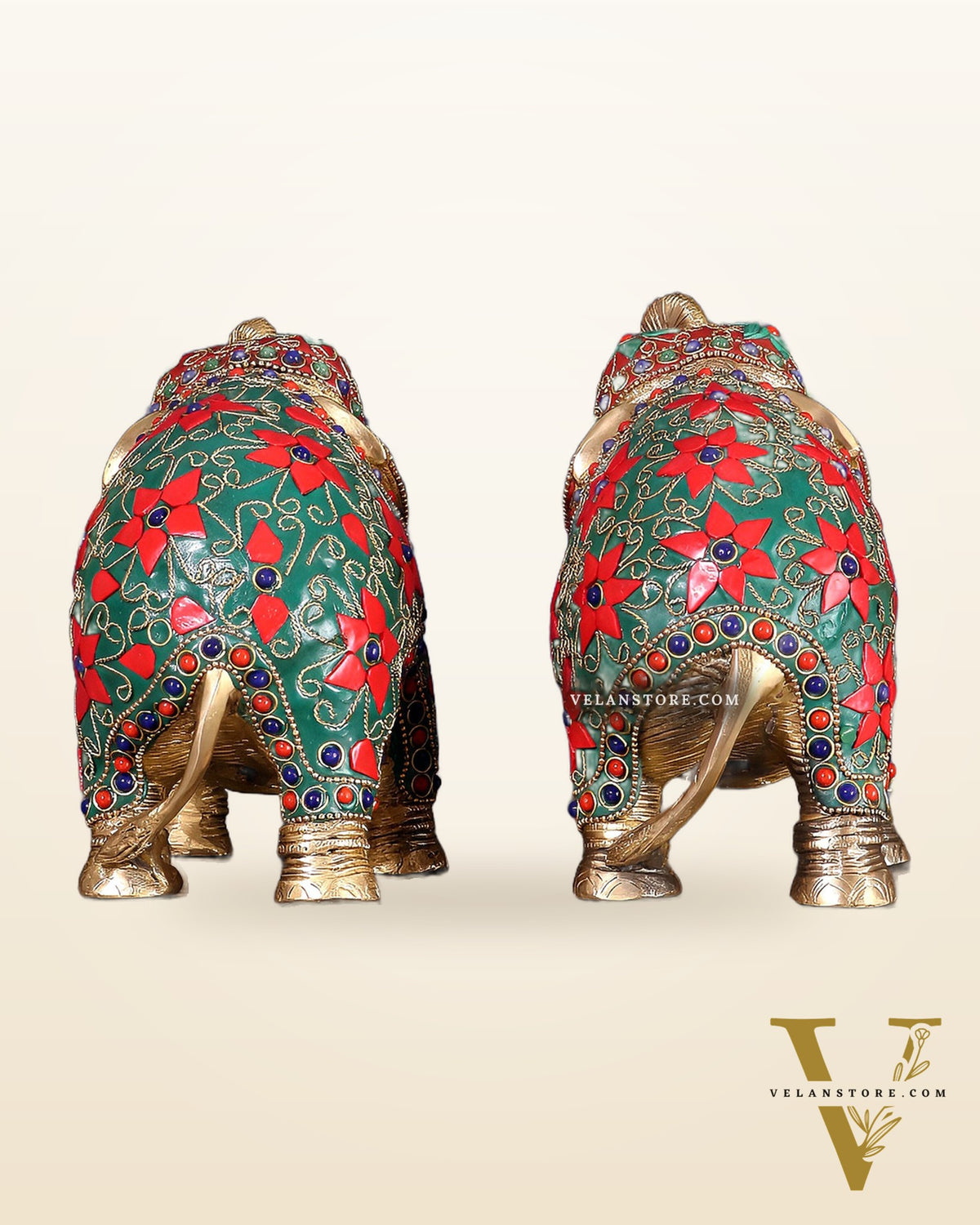 Brass Elephant Statue with Floral Stonework 7" pair