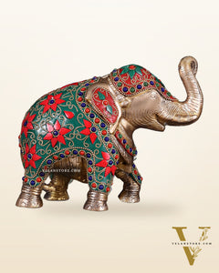 Brass Elephant Statue with Floral Stonework 7"