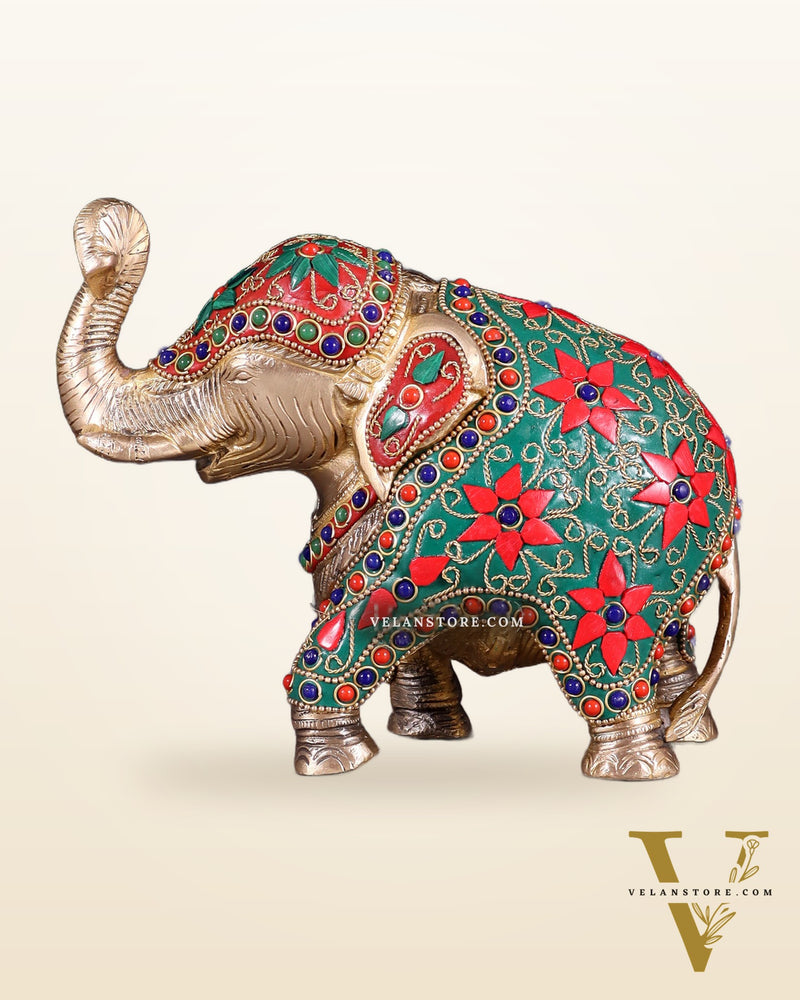 Brass Elephant Statue with Floral Stonework 7"