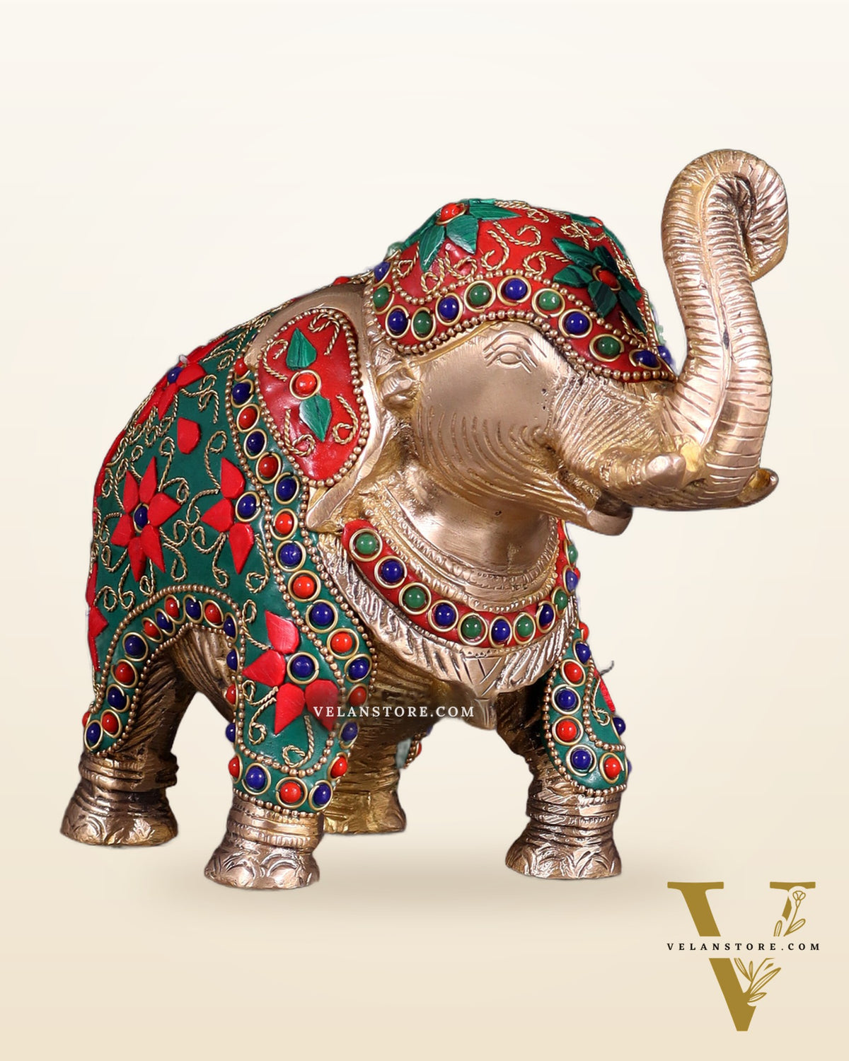 Brass Elephant Statue with Floral Stonework 7"