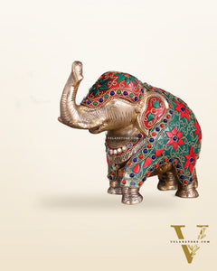 Brass Elephant Statue with Floral Stonework 7"