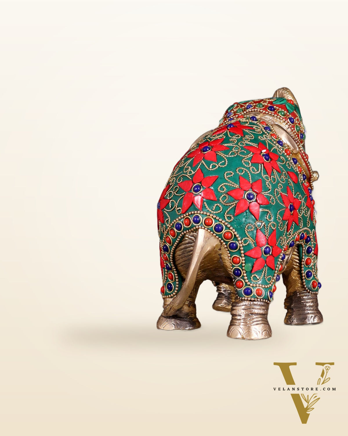Brass Elephant Statue with Floral Stonework 7"