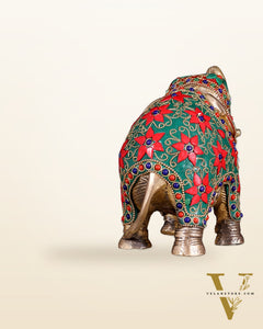 Brass Elephant Statue with Floral Stonework 7"