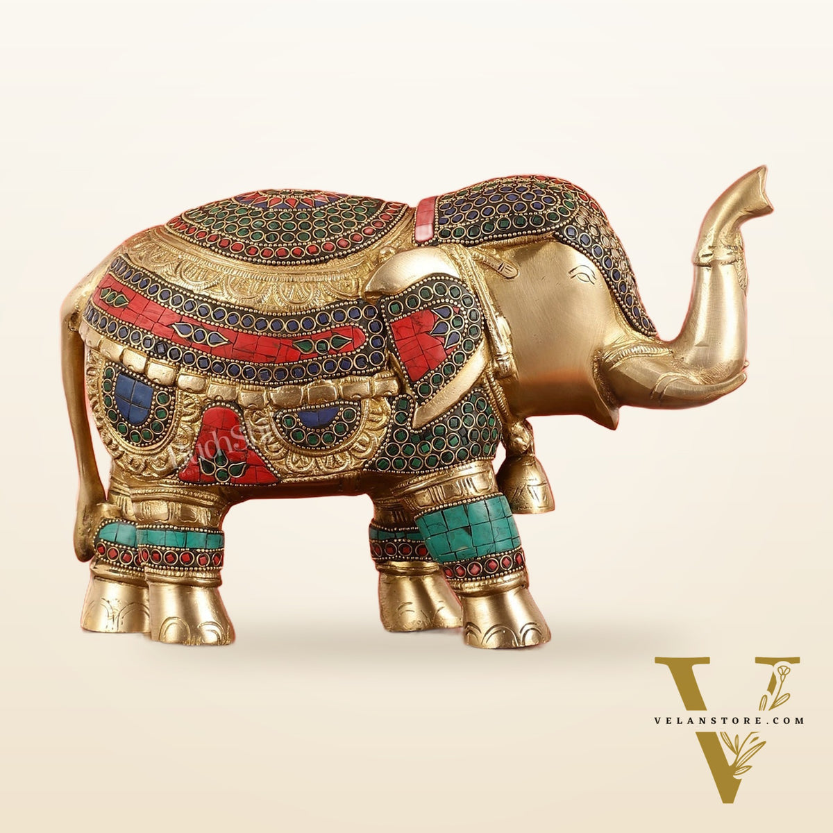 Brass Elephant Statue with Stonework Showpiece - 12 Inch wide
