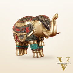 Brass Elephant Statue with Stonework Showpiece - 12 Inch wide