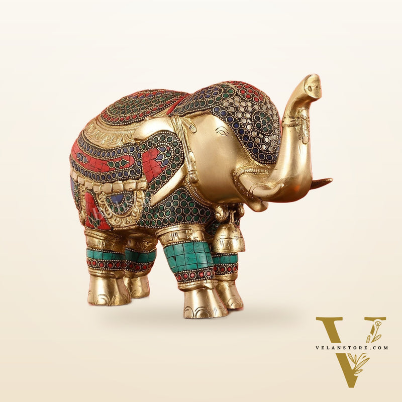 Brass Elephant Statue with Stonework Showpiece - 12 Inch wide