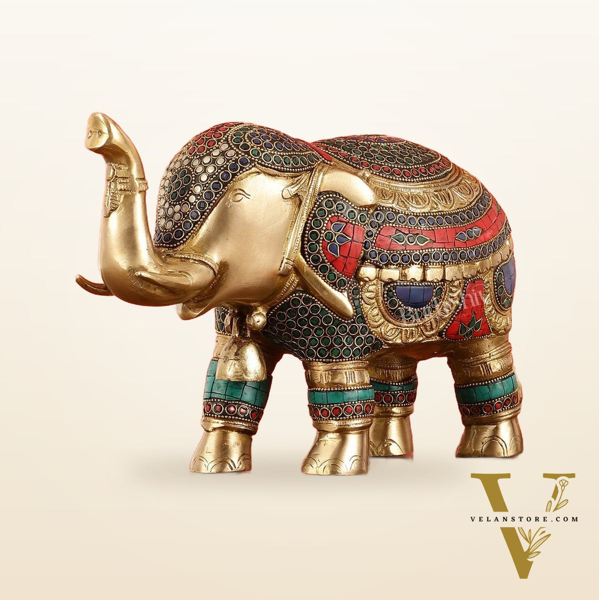 Brass Elephant Statue with Stonework Showpiece - 12 Inch wide
