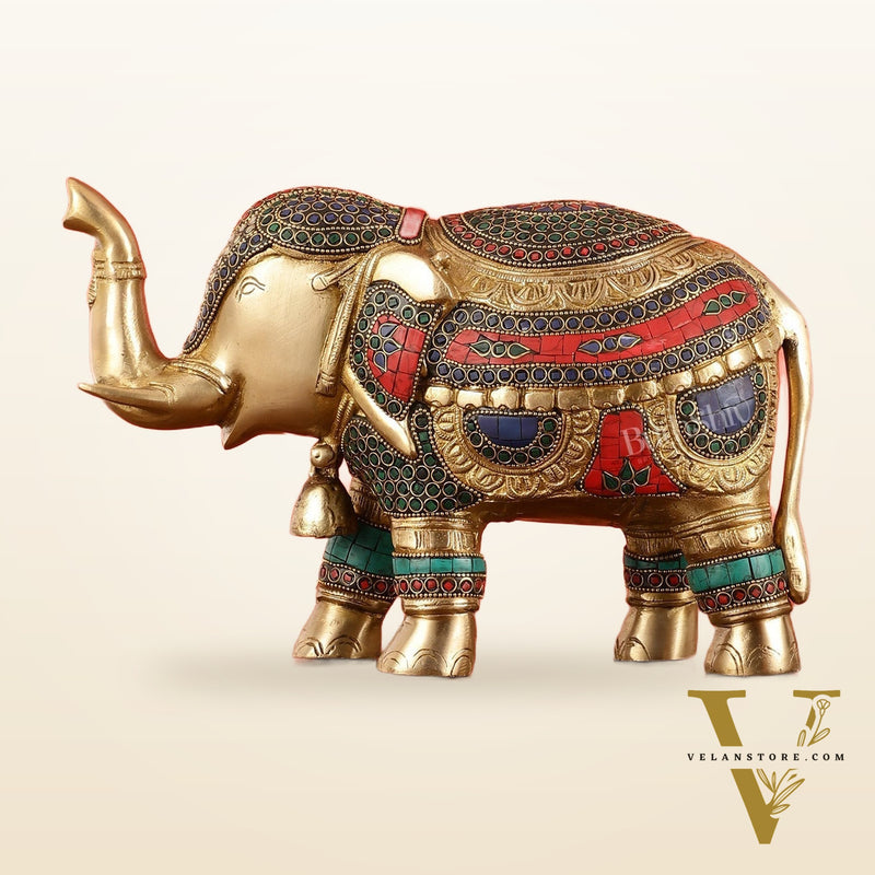 Brass Elephant Statue with Stonework Showpiece - 12 Inch wide