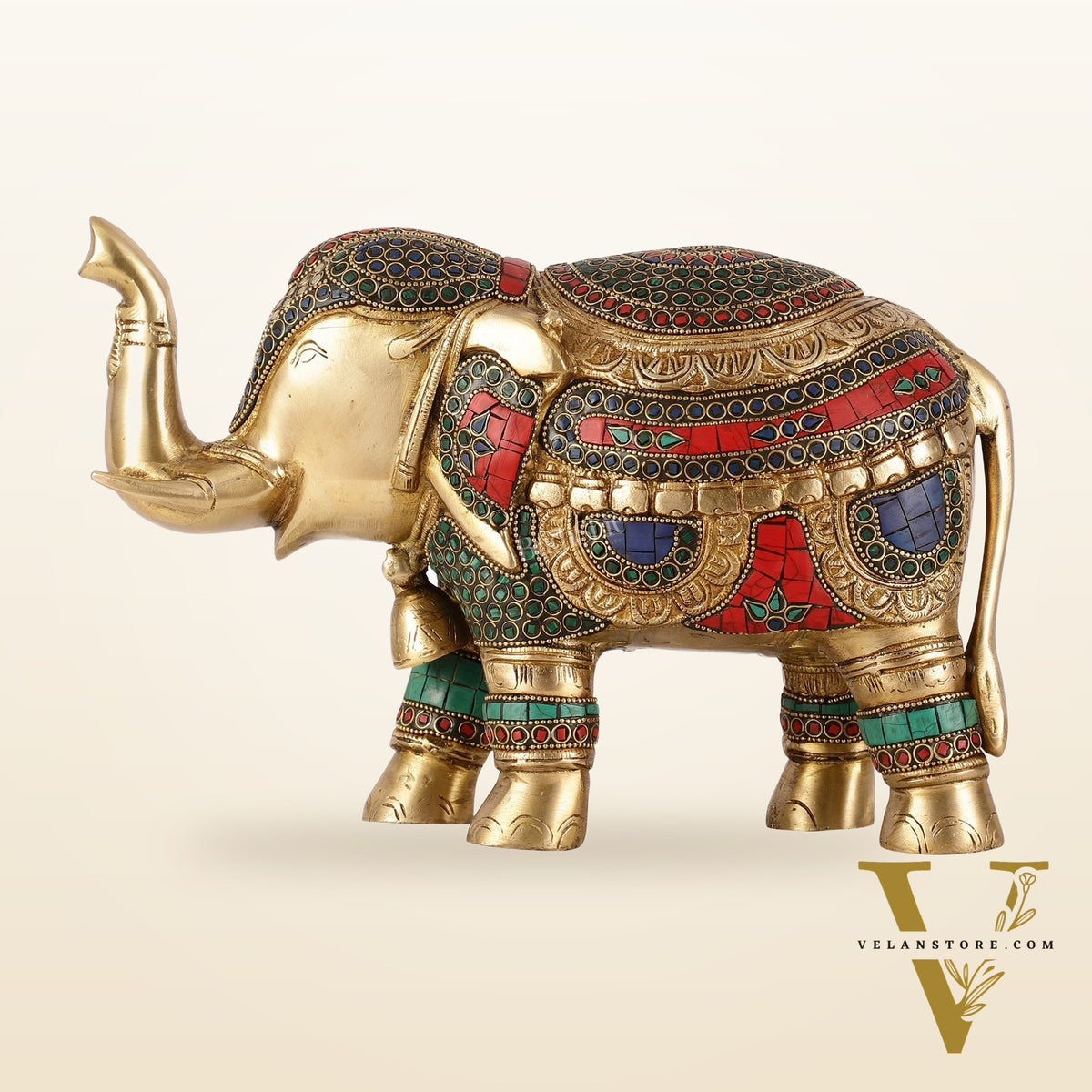 Brass Elephant Statue with Stonework Showpiece - 12 Inch wide