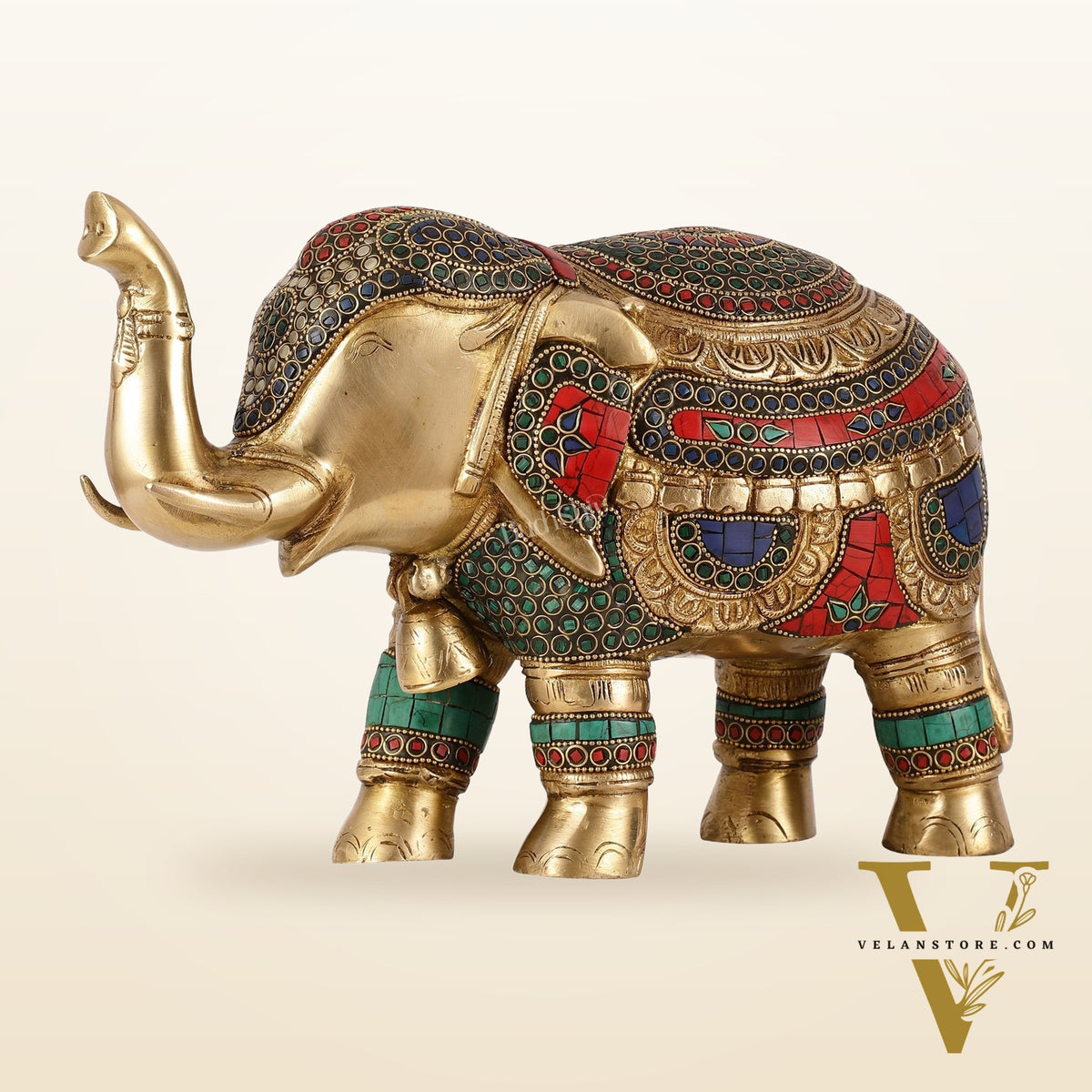 Brass Elephant Statue with Stonework Showpiece - 12 Inch wide