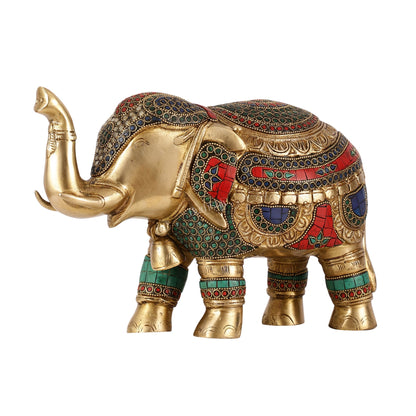 Brass Elephant Statue with Stonework Showpiece - 12 Inch wide