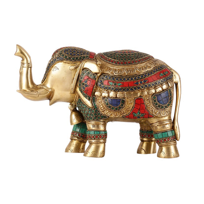 Brass Elephant Statue with Stonework Showpiece - 12 Inch wide