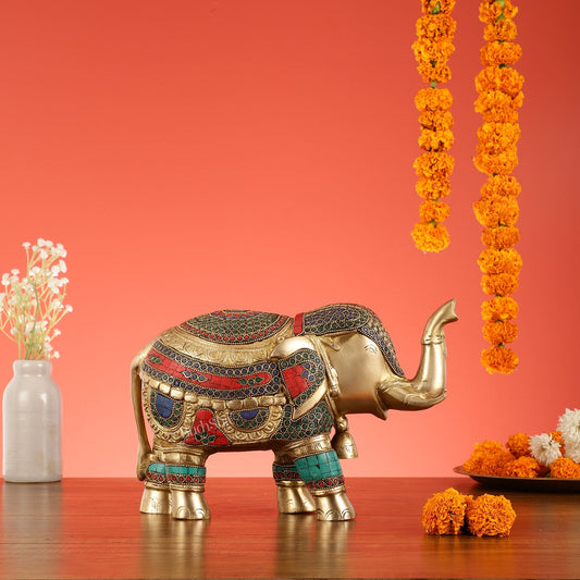 Brass Elephant Statue with Stonework Showpiece - 12 Inch wide