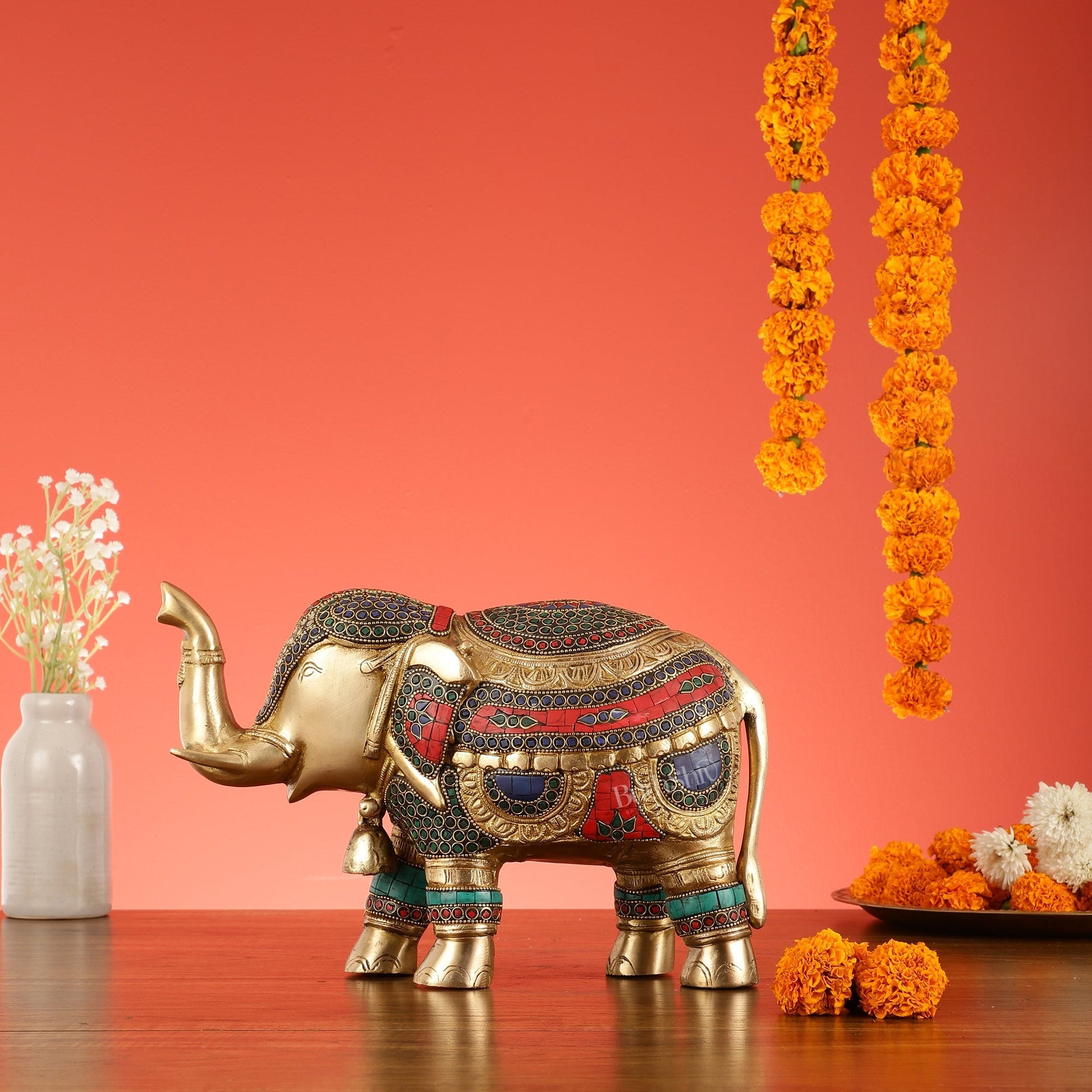 Brass Elephant Statue with Stonework Showpiece - 12 Inch wide
