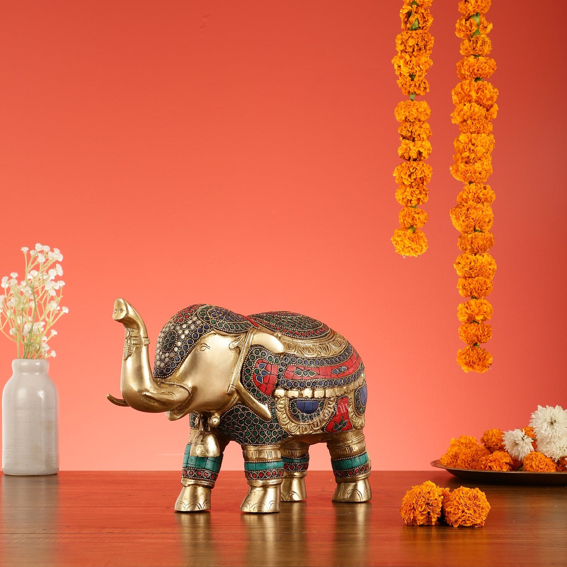 Brass Elephant Statue with Stonework Showpiece - 12 Inch wide