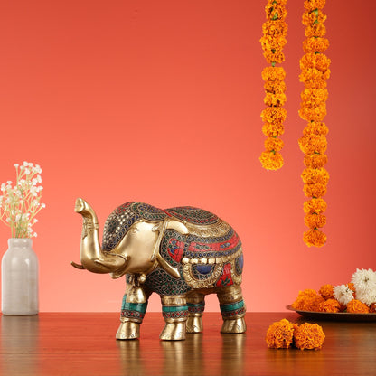 Brass Elephant Statue with Stonework Showpiece - 12 Inch wide