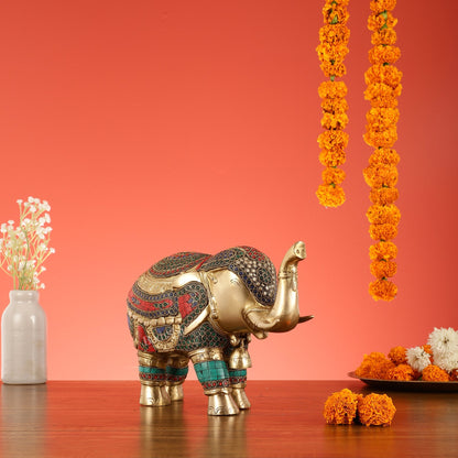 Brass Elephant Statue with Stonework Showpiece - 12 Inch wide