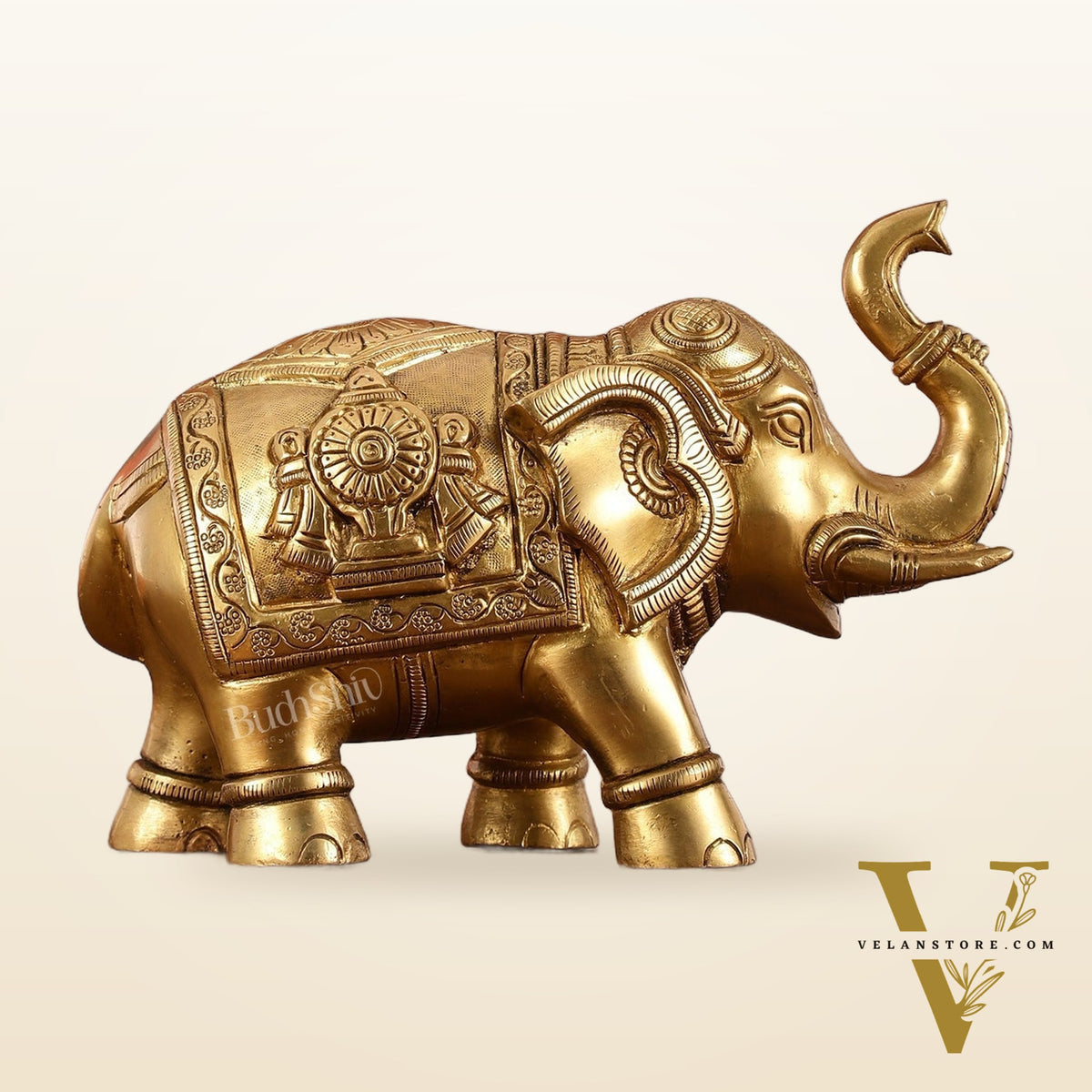 Brass Elephant Statues with Shankh and Chakra Engravings | 7.5"