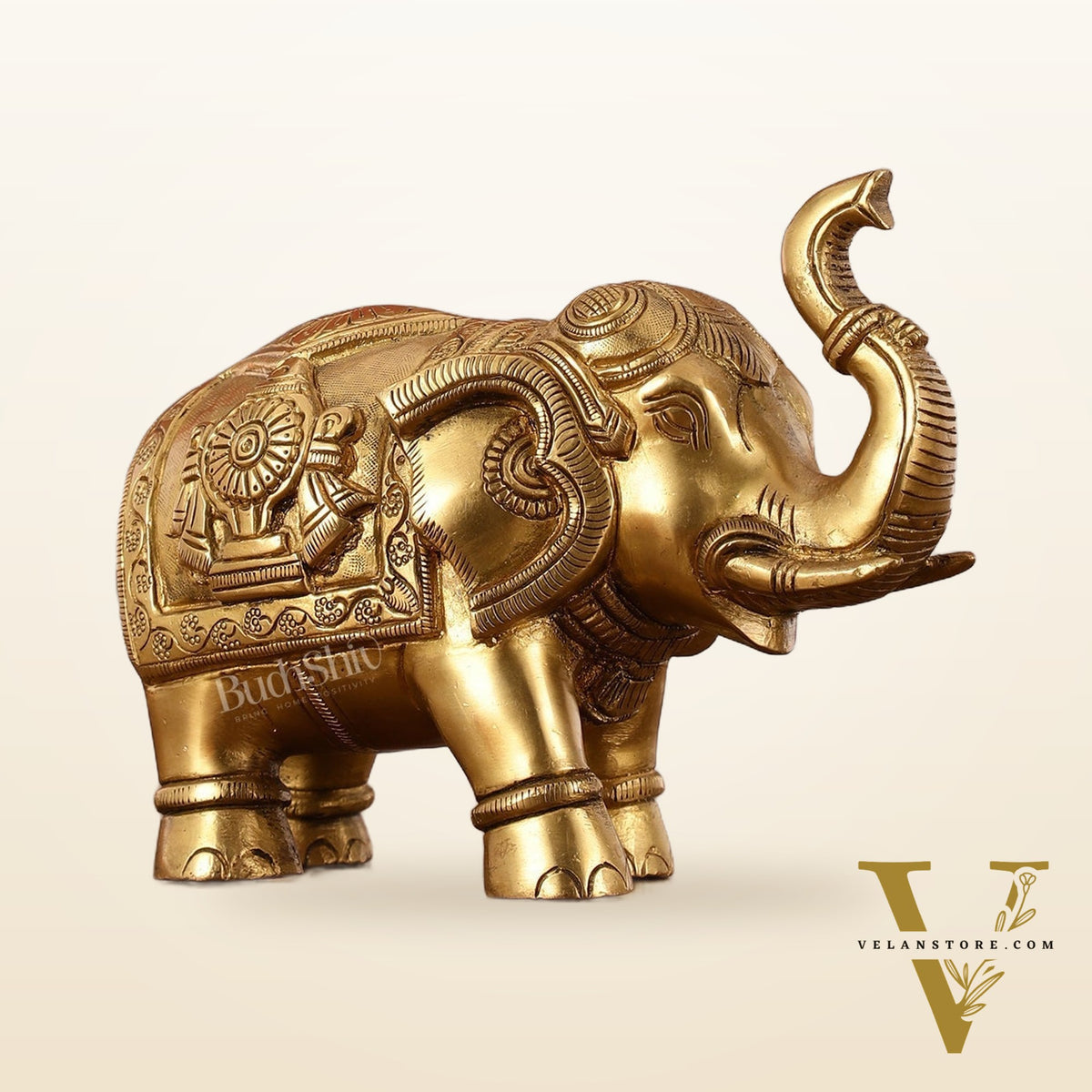 Brass Elephant Statues with Shankh and Chakra Engravings | 7.5"