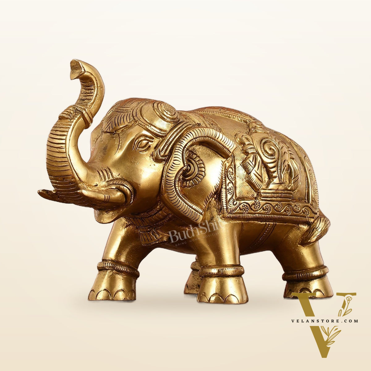 Brass Elephant Statues with Shankh and Chakra Engravings | 7.5"
