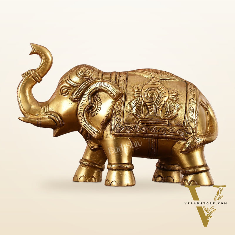 Brass Elephant Statues with Shankh and Chakra Engravings | 7.5"