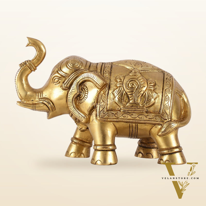 Brass Elephant Statues with Shankh and Chakra Engravings | 7.5"