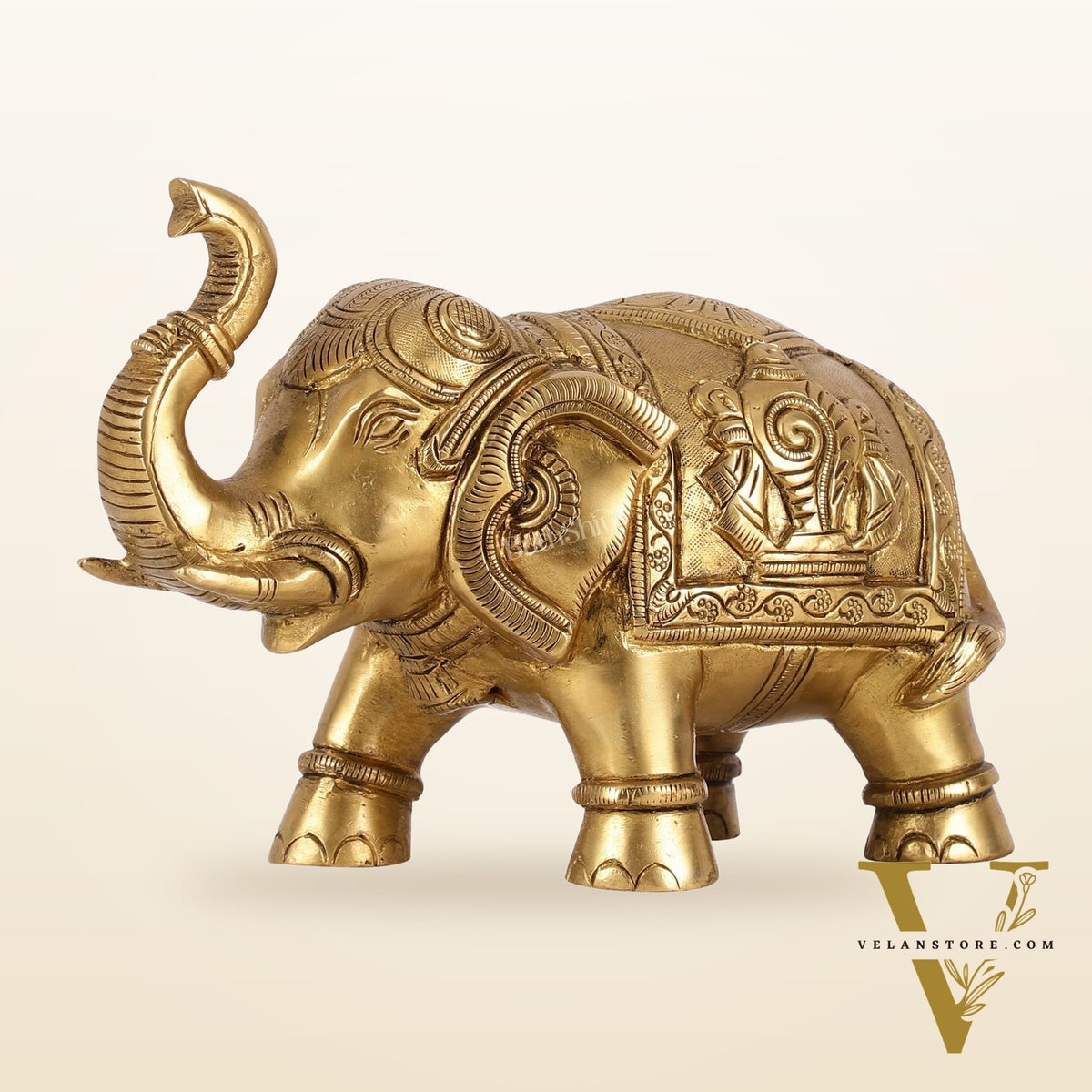 Brass Elephant Statues with Shankh and Chakra Engravings | 7.5"