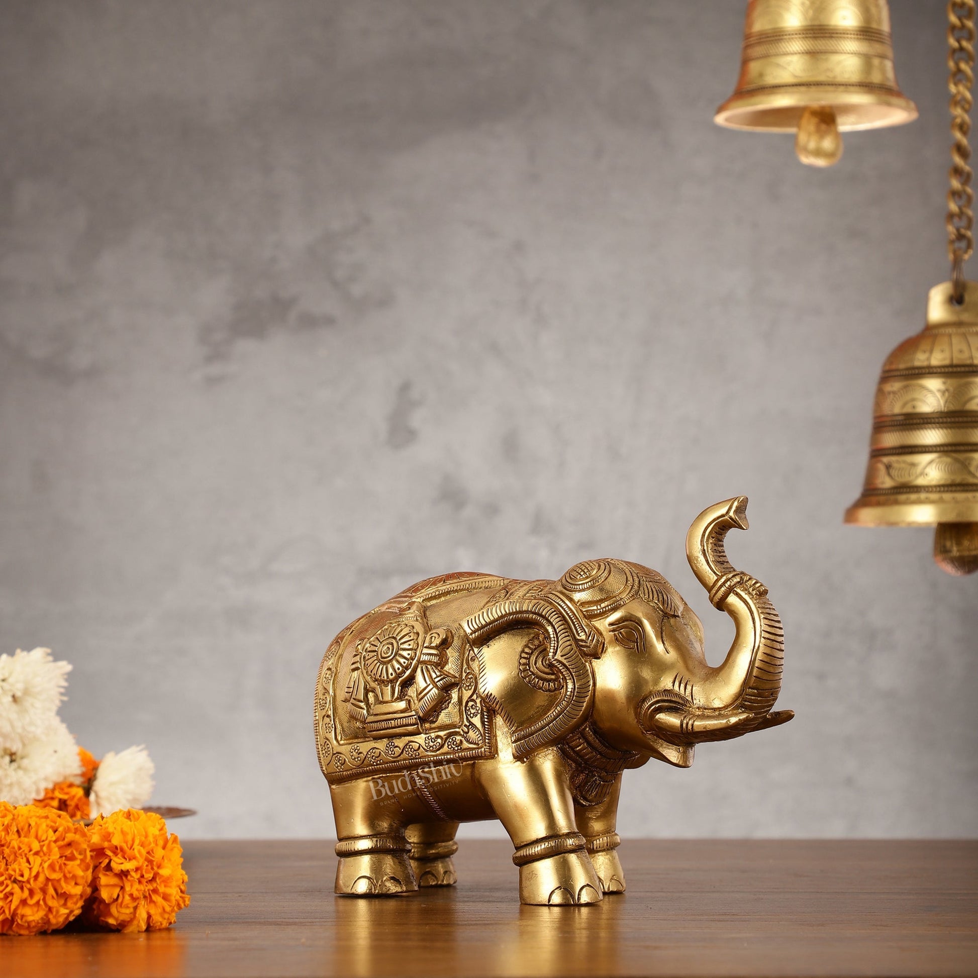 Brass Elephant Statues with Shankh and Chakra Engravings | 7.5"