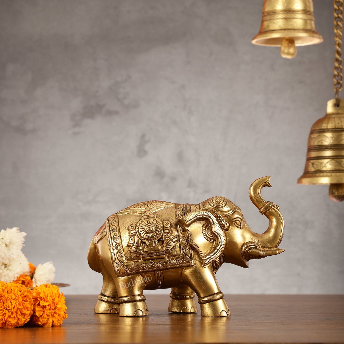 Brass Elephant Statues with Shankh and Chakra Engravings | 7.5"