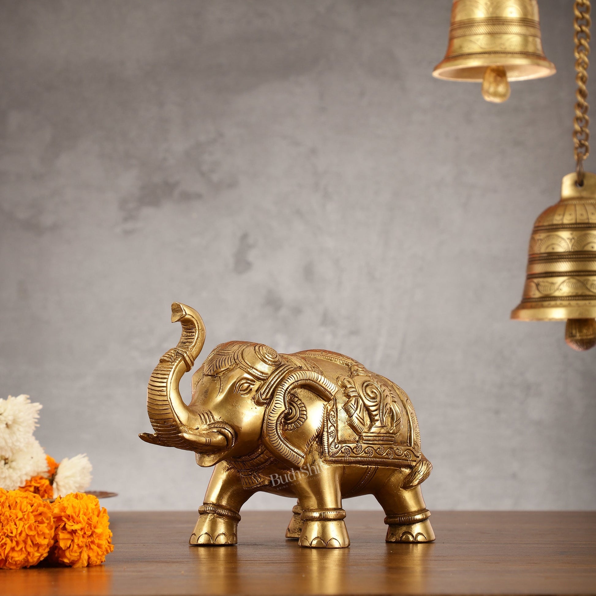 Brass Elephant Statues with Shankh and Chakra Engravings | 7.5"