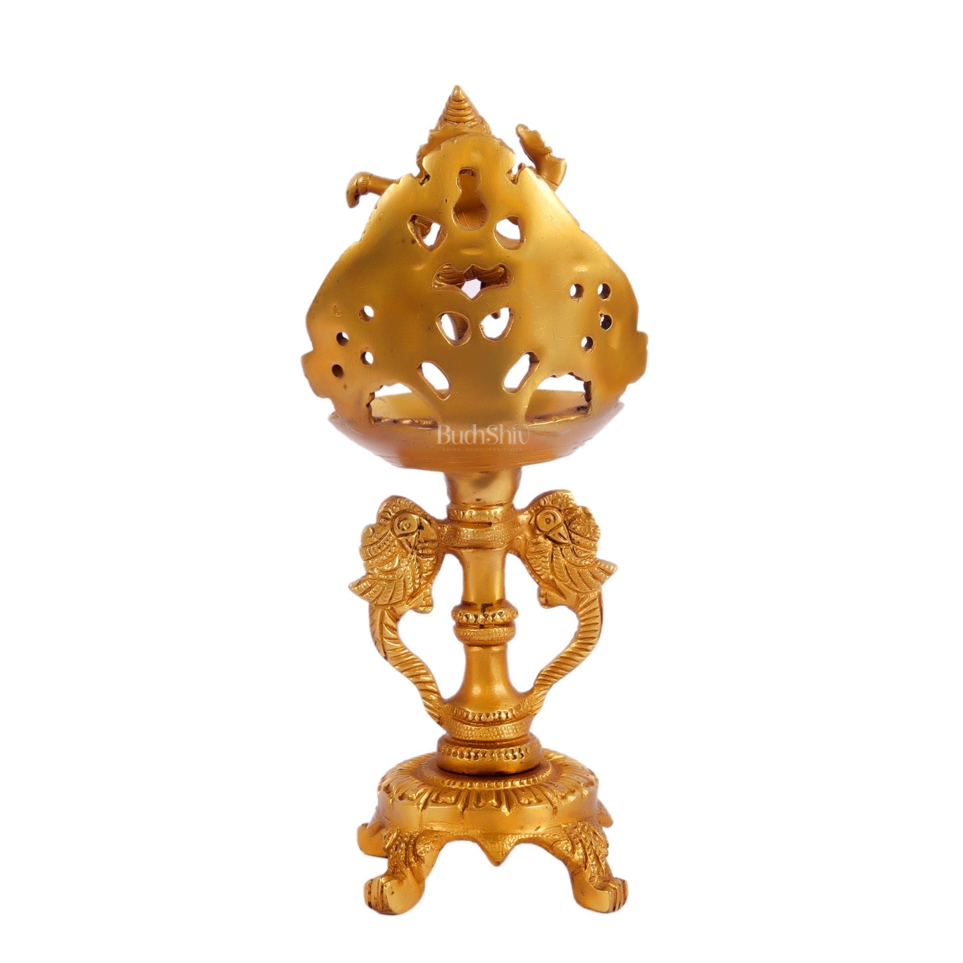 Brass engraved Dancing Ganesha diya with a stand peacock and floral design 9 inch