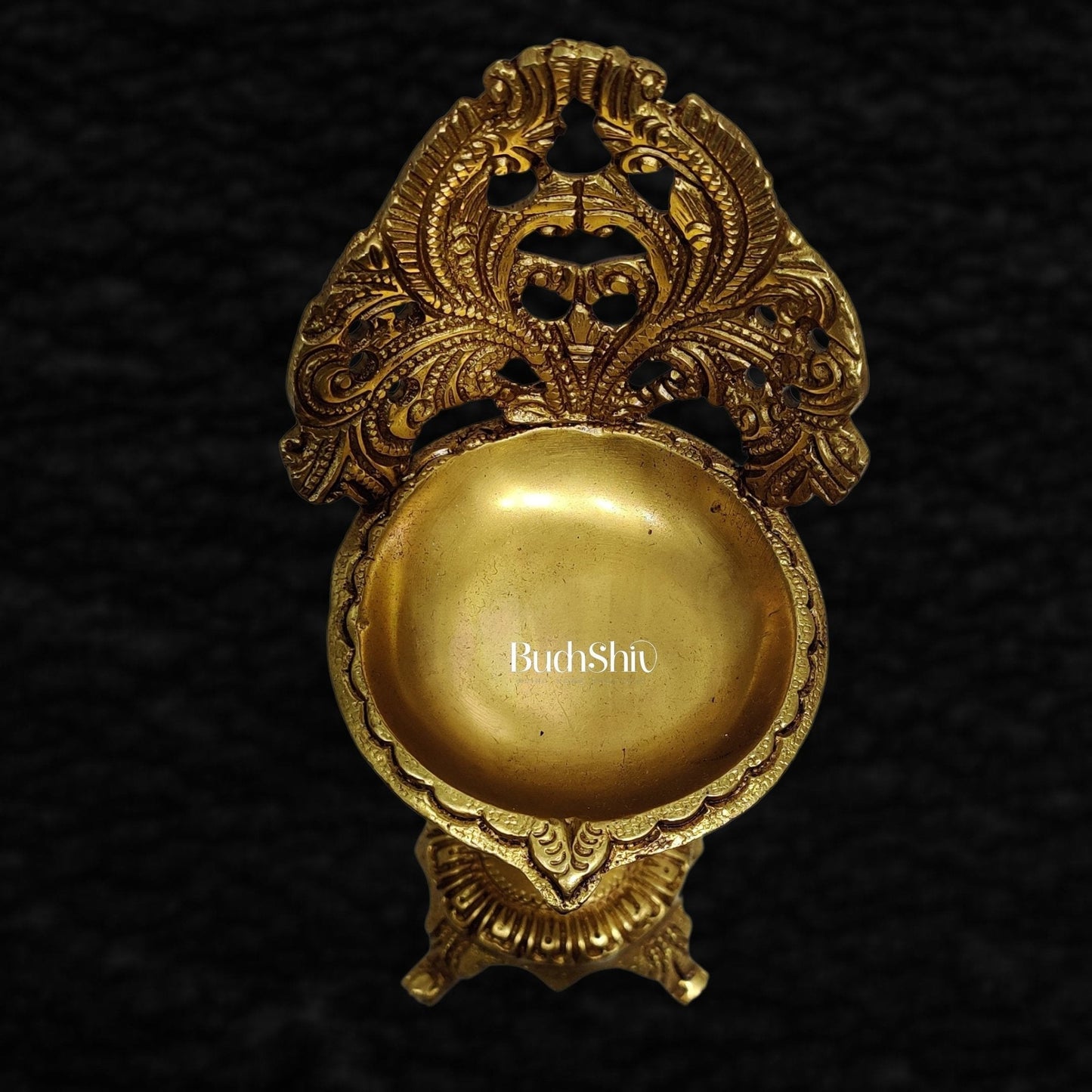 Brass engraved diya with a stand peacock and floral design 9 inch