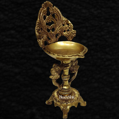 Brass engraved diya with a stand peacock and floral design 9 inch