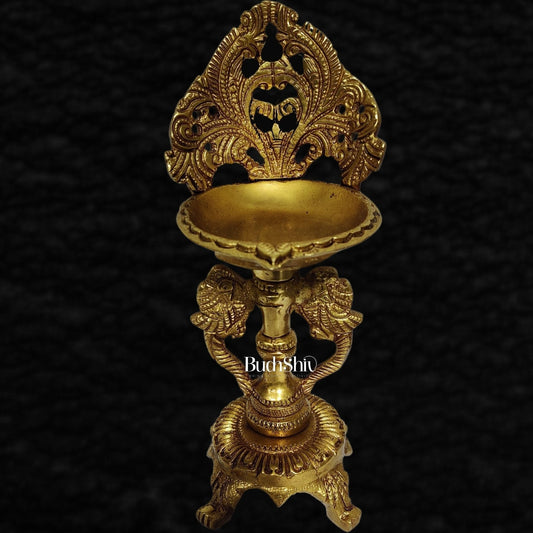Brass engraved diya with a stand peacock and floral design 9 inch